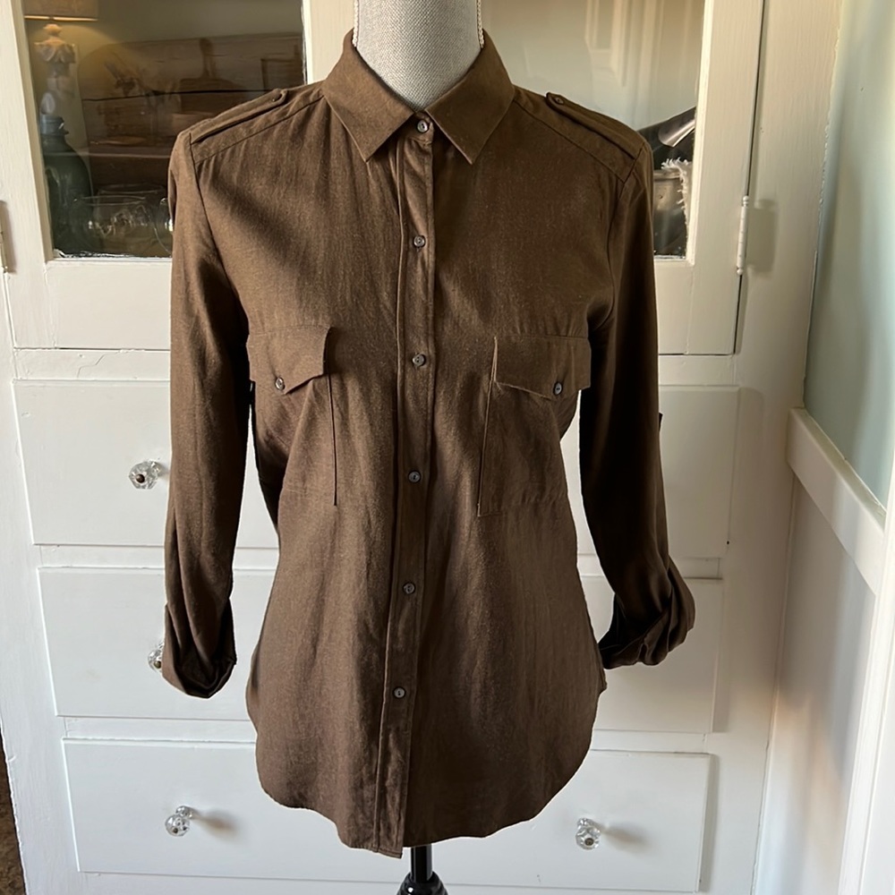 Zara safari military flannel olive brown roll sleeve shirt w epaulets S